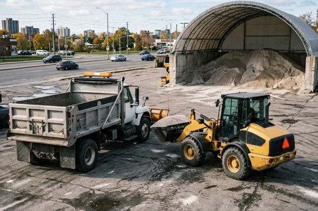 Municipal dump truck and loader at a public works yard
